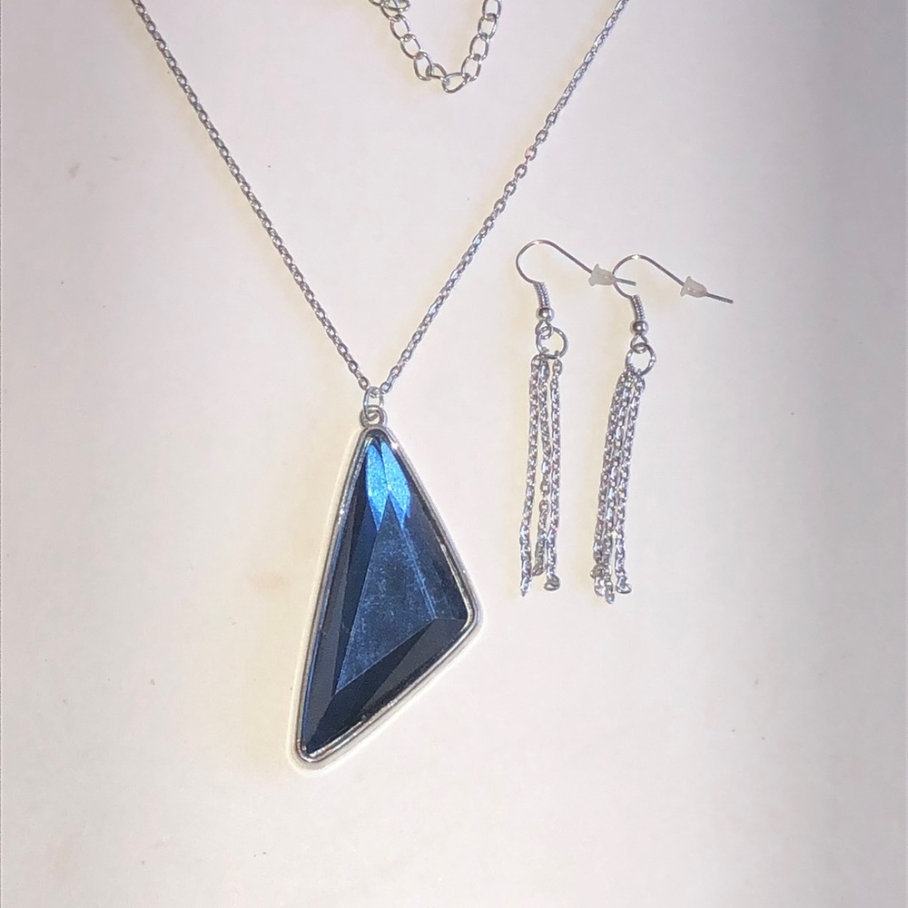 Silver Tone Necklace and Earring Set with Blue Gem Pendant